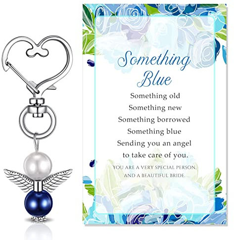 2 Stück Something Blue Braut Engel Anhänger Blaue Perlen Schutzengel Schlüsselanhänger Braut Charme Hochzeit Party Schlüsselring Geschenk Karte Gastgeschenke für Hochzeit Feier Kommunion