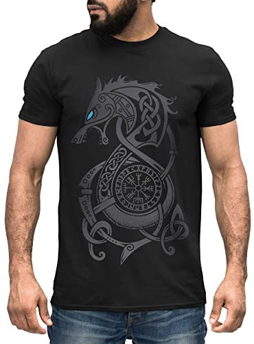 Neverless® Herren T-Shirt Fenriswolf Fenrir Wikinger Kompass nordisch Vegvisir Wolf Asgard schwarz XS