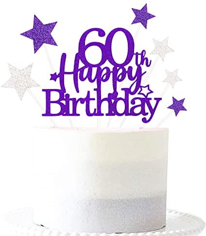 Glittery 60th Happy Birthday Cake Topper with Star,Personalised 60 Birthday Cake Toppers Party Decorations Party Supplies for Men Women Purple Silver