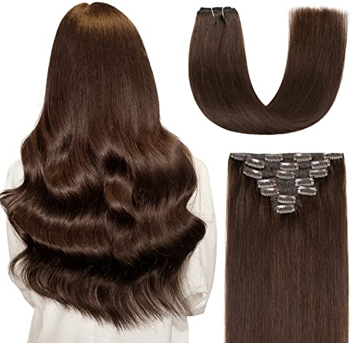AGMITY Clip in Extensions Echthaar 100% Echtes Echthaar Dunkel Braun 45cm 7 Stück 120g Unsichtbar Gerade Glatt Nahtlos Remy Echthaar Clip in Extensions (45cm #2 Dunkel Braun)