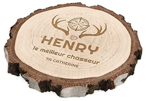 Maverton Rondin de Bois personnalisé - pour Homme - Disque en Bois gravé - pour Anniversaire - pour Lui - Papa/Papy - Deco - Souvenir - sous-Verre Boho Naturel - Chasseur