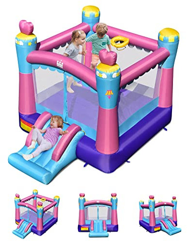 GOPLUS Château Gonflable Princesse avec Toboggan,Aire de Jeu Gonflable avec Panier de Basket, Accessoires Riches, pour Enfants de 3 à 10 Ans Jusqu'à 135KG 265 x 334 x 250cm sans Souffleur