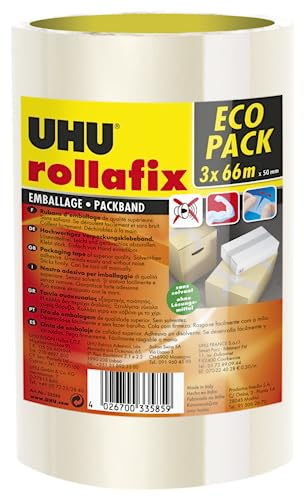 UHU Rollafix - Rubans adhésif d'emballage transparent, Lot de 3 rubans de 66m x 50mm