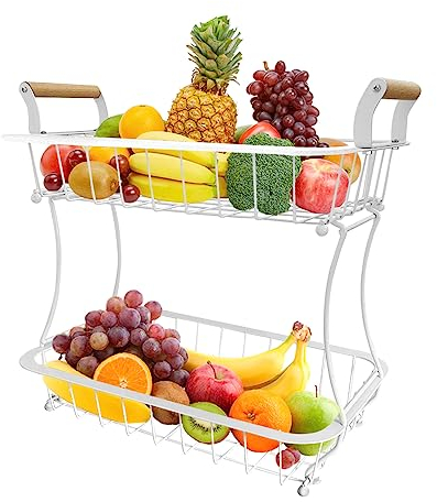 TINMIX 2-stöckiger Obstkorb Obstkörbe Gemüseregal Arbeitsplatte Obstschalen Obstregal aus Metall Küchenzubehör Aufbewahrungskorb Obstständere (Weiß)