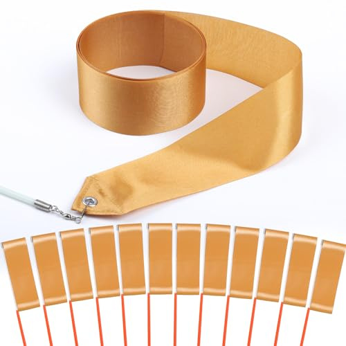HiUnicorn 12PCS Gold Dance Ribbons, Golden Graduation Party Favors, Church Praise Dance Accessories, Ribbon Dancer Wand for Kids Gymnastics Birthday Party Decorations