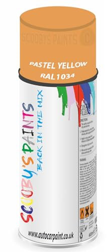 SCOOBYS PAINTS BACK IN THE MIX RAL1034 Pastel yellow 400ML Aerosol Spray Paint RAL Colour Can Gloss Shinny Finish DIY Indoor/Outdoor Wood Plastic Metal Heat Resistant Steel