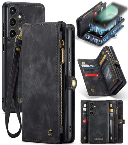 UFinetech für Samsung S23 FE Hülle, Stoßfest Kartenfach Magnetisch Abnehmbare Tasche Samsung Galaxy S23 FE Handyhülle, Flip Reißverschluss Lanyard Leder TPU Klapphülle Kratzfest Schutzhülle, Schwarz