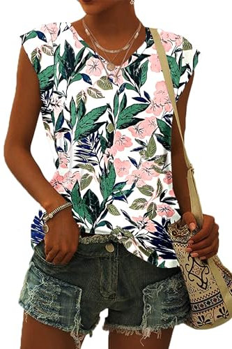 WNEEDU T Shirt Donna Estiva Maglietta Donna Manica Corta con Scollo a V Canotta Estiva Camicette Larghe Casual Stampa Verde Rosa S