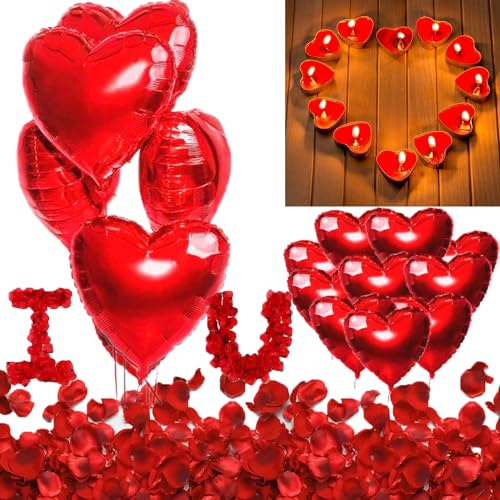 Romantisch Deko Set -Valentinstag Romantische Ker-zen Rote Teelichter Herzform,Seide Rote Rosenblüten,Rote Herzförmige Folienballons für Hochzeit Geburtstag Brautdusche Dekoration (Style 2)