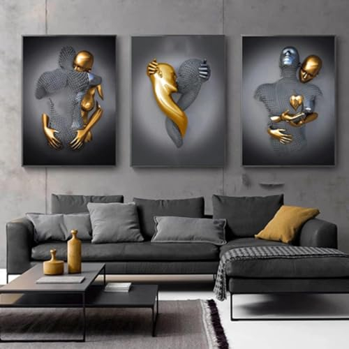 3D Metallfigur Statue Kunst Liebe Herz Kuss Bilder Wandkunst Wohnzimmer Wanddekoration - Ohne Rahmen (Poster-05,70X100cm*3)