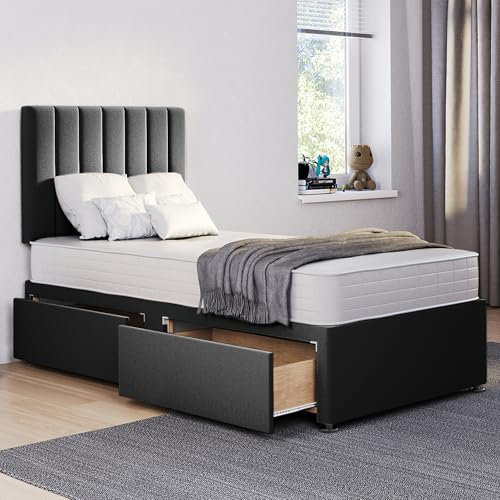 ComfoRest - Elegant 3FT Single Bed with Mattress | Stylish Set for Modern Bedrooms | Functional Frame with 2 Storage Drawers for Space-Saving Solutions (Black Plush)