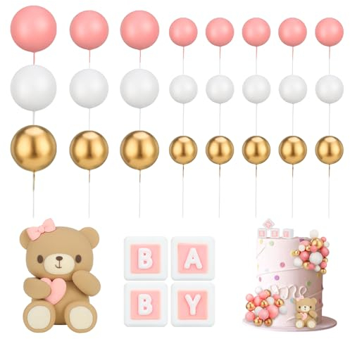 Halinuia 26 Stück Mini Tortendeko Kugeln mit Süß Bären Kuchendekoration, BABY-Buchstabe Topper Schaumstoff Ball Perlenkugel Torten Deko für Babyparty, Geburtstag,Gender Reveal Partyzubehör(Rosa)