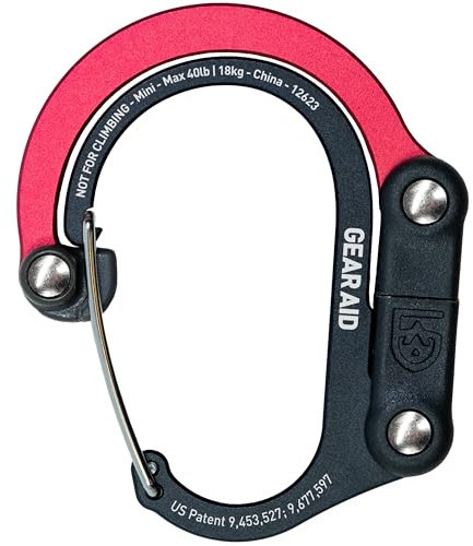GEAR AID HEROCLIP (Mini) Karabiner und Haken zur Befestigung von Taschen, Geldbörsen, Laternen, Kinderwagen, Werkzeugen, Helmen, Wasserflaschen und vielem mehr - Schwarz & Rot