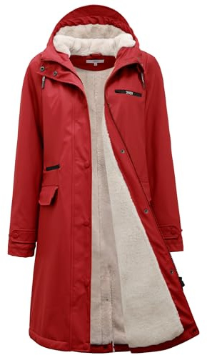Regenmantel damen gefüttert mit Teddyfleece Regenjacke wasserdicht | knielanger Übergangsmantel Friesennerz, winddicht mit Kunstfell warm, PU Windbreaker, Regenparka für Herbst Winter, 4 Taschen