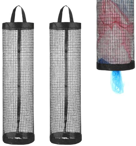WY LIGHTING LEVEL 2 Pcs Plastic Bag Holder, Reusable Wall Mount Grocery Bag Holder Mesh Hanging Storage Bag Dispenser Trash Bag Organizer for Home Kitchen Camper - Black