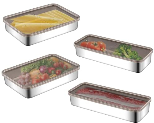Tefola 4 Pack Rectangular Bacon Cheese Storage Box for Fridge, 304 Stainless Steel Shallow Box with Lid, Deli Container, Fridge Freezer Organizer for Cold Meat, Sandwich, Cracker, Weetabix