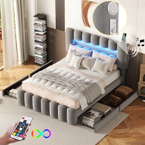 Luxus Polsterbett 140x200cm Grau, Samtbezug, 4 Schubladen, LED-Beleuchtung, USB-Anschluss, Stereoanlage, verstellbares Kopfteil, Bettgestell mit Lattenrost, max. 250kg