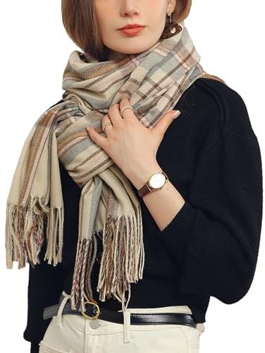 Rayson Schal für Damen Kaschmirimitat Winter Warm Cape Wendbar Kariert Verdickt Mittellange Elegante Stola mit Quasten(Beige,Einheitsgröße)