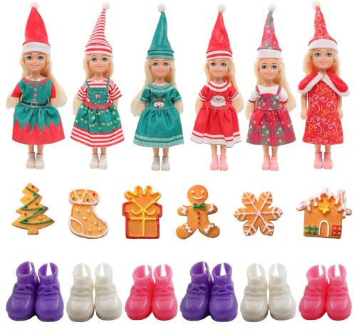 24pcs Weihnachten Puppenkleidung Zubehör für 6 Zoll 15cm Puppen, Puppenzubehör mit 6 Kleidung 6 Weihnachtsmütze 6 Schuhe 6 Zubehör,Geschenk für Kinder Mädchen Jungen