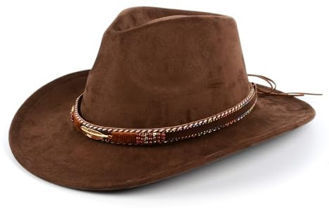 SIGONE Cowboyhut für Damen und Herren, breite Krempe, Outdoor-Filzhut für Damen und Herren, verstellbare Größe, stilvoller Cowboyhut mit goldfarbenem Federband, perfekt für Cowboy-Outfit,