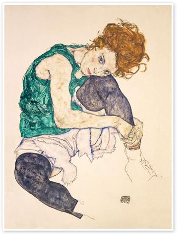 Posterlounge Sitzende Frau mit hochgezogenem Knie Poster | 60 x 80 cm von Egon Schiele Beige Wandbilder Wanddeko