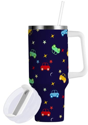 Gobelet de 1200 ml avec paille et couvercle, motif bébé avec voitures sur fond bleu, tasse de voyage isotherme à double paroi en acier inoxydable pour boissons chaudes et froides