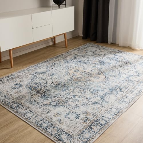 benuta Basic Waschbarer Teppich George - Blau 200x300 cm - Kunstfaser - Rechteckig & im Style: Vintage, Elegant, Retro - Pflegeleicht für Wohnzimmer Schlafzimmer