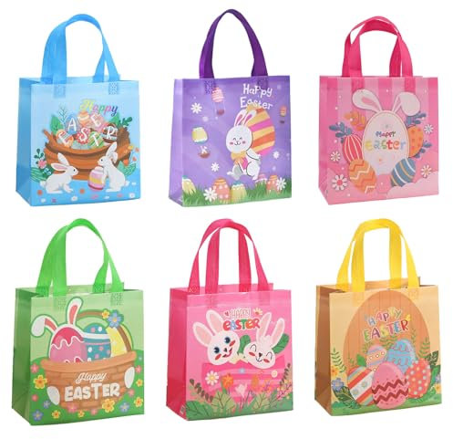 KEELYY Geschenktüten Ostern 6 Stück Ostern Tasche mit Griffen, Ostereiersuche-Taschen, Oster Leckerei Taschen, Wiederverwendbare Ostertaschen zum Verpacken von Geschenken, Eiersuche, Partyzubehör