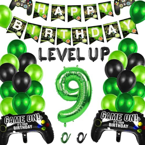 Videospiel 9. Geburtstag Dekorationen, 9. Jahr Jungen Videospiel Grün Luftballon Geburstag Deko mit Banner, 9. Gamer Geburtstag Dekoration Zubehör Set, für Kinder Videospiel Thema Party Zubehör