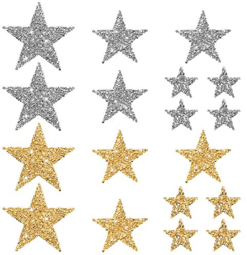 Oruola 18 Stück 3 Größen Aufbügler Stern,Sterne zum Aufbügeln Gold Silber Glitzer,Patches zum Aufbügeln Sterne,Glitzersterne Stern Aufnäher kinder für Kleidung,Rucksack,Hut,Jeans,Schuhe,Hüte