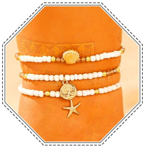 Jovono Boho Bracelets de Cheville en Perles Étoile de Mer Dorée, Chaîne de Cheville Coquillage, Bijoux de Plage pour Femme (3 Pièces) (Blanc)