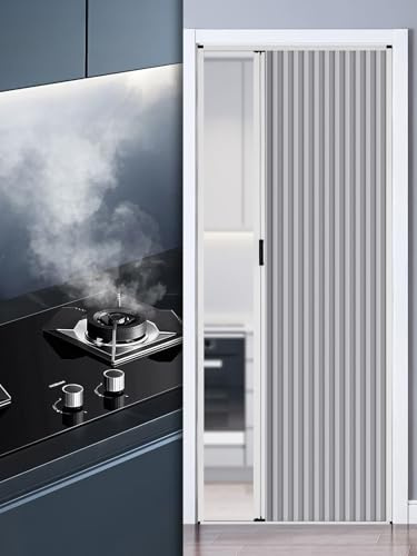 Schiebetür Falttür innentüren Falttür Ohne Bohren Aluminiumrahmen Und Vliesplatte, Ziehharmonika Türen In Sondergröße Mit Beidseitigem Griff Und Schloss Für Küchen Und Schlafzimmertüren(Grey,103x203cm