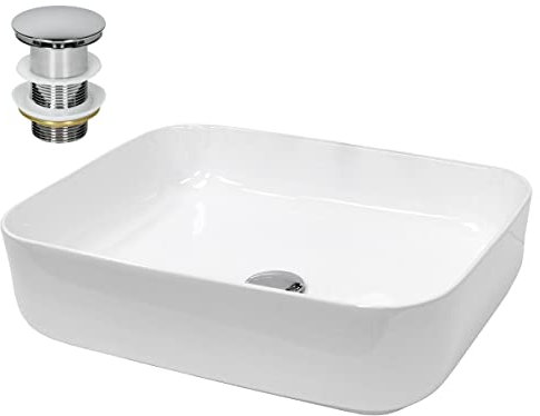 LuxeBath Waschbecken Keramik 505x395x135 mm Weiß mit Ablaufgarnitur Silber, Rechteckiges Aufsatzwaschbecken für Badezimmer/Gäste-WC, Modernes Aufsatzbecken, Waschtisch Waschschale Waschplatz Becken