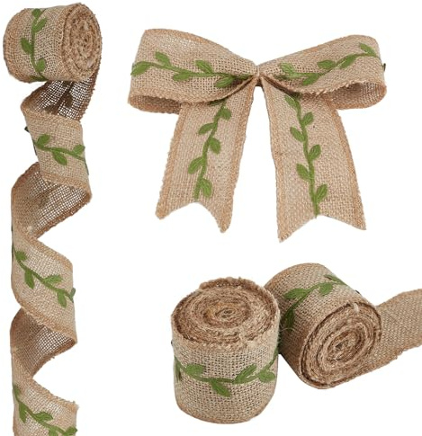 Letsinstyle 2 rouleau de Ruban de Toile de Jute à Motif de Feuilles Vertes 3 mètres 1.97 pouces Rubans de Désherbage en Toile de Jute Rustique et Dentelle Décoration