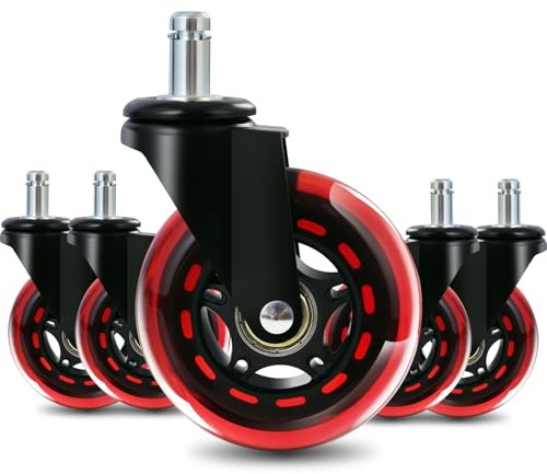 Office Chair Wheels, Replacement Rubber Casters- Universal Fit 3 Inch Computer Gaming Desk Caster Wheels, Fits 98% Heavy-Duty Chair Wheel, Smooth & Quiet Casters for All Floor, Red