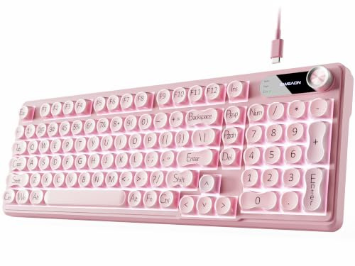 EWEADN V102 Clavier filaire, clavier de jeu crémeux 98 touches avec pavé numérique, écran d'affichage et bouton multimédia RVB silencieux pour ordinateur portable, PC gamer, rose