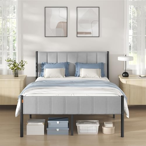 VASAGLE Double Bed Frame, 135 x 190 cm, with Upholstered Headboard, Metal Bed Frame, 500 kg Weight Capacity, Easy Assembly, Dove Grey RMB976GD1