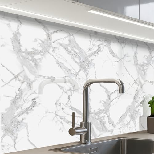 KitchenYeah© Antisalpicaduras Cocina adhesivo Salpicadero Protector | 60x80 cm - Salpicaduras Panel Mármol - Puro - Gris - Vetas