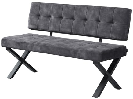 B&D home® Sitzbank Karen 140cm – gepolsterte Esszimmerbank mit Rückenlehne, X-Metallgestell schwarz, Webstoff/Microfaser in Anthrazit, modern Industrial Design für Esszimmer, Küche & Flur