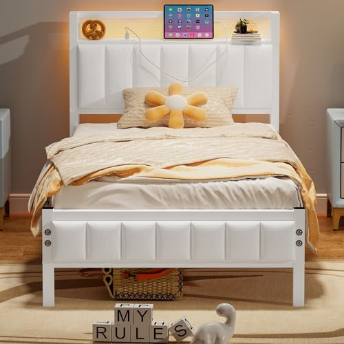 BORPHOM Single Bed Frames with Storage Headboard and Charging Station/LED Lights,Heavy Duty Metal Bed Frame Single No Box Spring Needed,Solid Bedstead Base/Strong Steel Slats Support/White