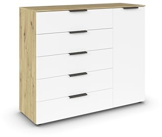 Rauch Möbel Flipp, Kommode, Farbe Weiß/Eiche Artisan, Breite 120 cm | Sideboard, 1-türig, 5 Schubladen, Soft-Close-Funktion, für Schlafzimmer, Gästezimmer, Wohnzimmer, Garderobe, Flur