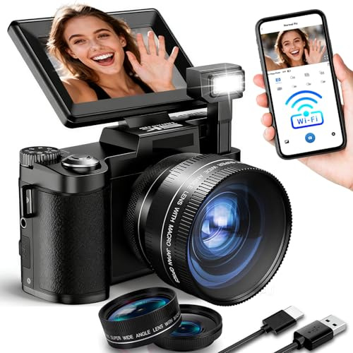 5K Digital Camera with Wide-angle Lens, Vlogging Camera for Photography | WiFi Connection, Flip Screen, 64MP, 4K, Rechargeable Batteries, Video Camera Slow Motion, Time-lapse, Beauty Function, Webcam