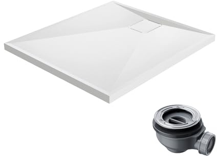 HOROW Piatto doccia bianco, set completo con effetto pietra antiscivolo, per cabina doccia, facile da montare, 3 misure, con scarico (bianco, 90 x 80 cm)