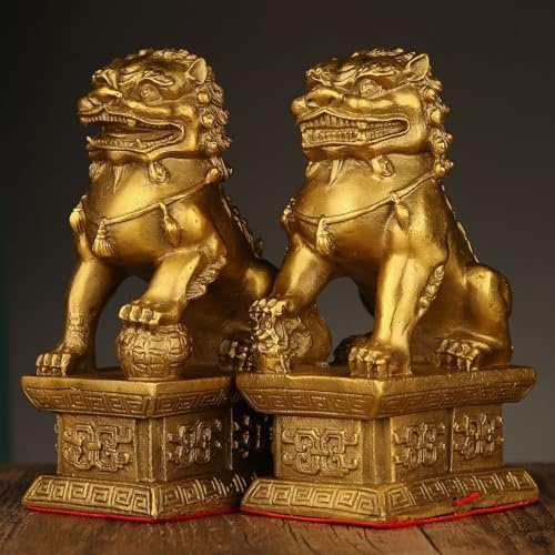 Brass Fu Dog Statuen Paar, Chinesische Wächterlöwen für Feng Shui Reichtum | Schutz, Heimdekor Figuren, Einweihungsgeschenk,Messing(15*8.7*6cm)