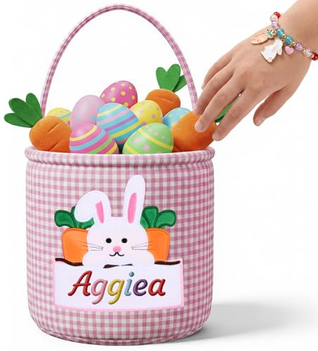 NGTSFLY Osterkorb Personalisiert, Osterkörbchen Kinder mit Bestickter Namen Ostertasche zum Befüllen Personalisierte Ostergeschenke (Rosa)
