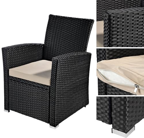 Mucola Polyrattan Gartensessel 78x62x65 cm inkl. Sitzkissen wetterfest | Rattan Sessel Lounge Sessel Relaxsessel Outdoor Balkonsessel UV-beständig | Terrassensessel waschbare Bezüge Schwarz/Beige