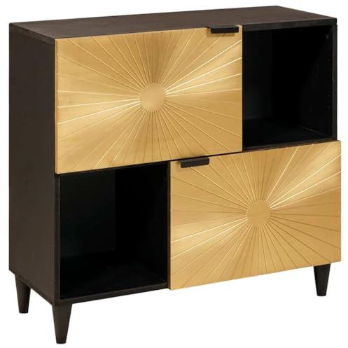 Holekex Seitenschrank mit Regal Schwarz und Gold aus Massivholz Mango, 80 x 33,5 x 75 cm, 2 Türen, 3 Brett-Regale, Sideboard, kommode, tv Board für Wohnzimmer aufbewahrung