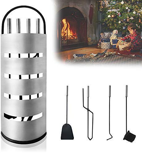 HENGMEI Juego de utensilios para chimenea de acero inoxidable, 5 piezas, con soporte, escoba, pinzas, atizador, pala para cenizas para estufa de leña, color plateado