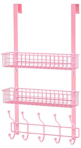 MILIJIA Coat Rack, Over The Door Hanger with Mesh Basket, Detachable Storage Shelf for Towels, Hats, Handbags, Coats (Pink-2 Layer)