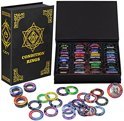 Verbesserte DND-Zustandsringe, 96 Status-Effekt-Marker mit Farbdruck in 24 Bedingungen und Zaubersprüchen, und mit magischer Buch-Aufbewahrungsbox, ideales Tisch-RPG-Geschenk für DM oder Spieler